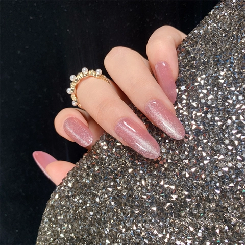 Cat Eye Press On Nägel Lange Mandelform Pink Lila Schimmer Künstliche Nägel Maniküre Für Frauen