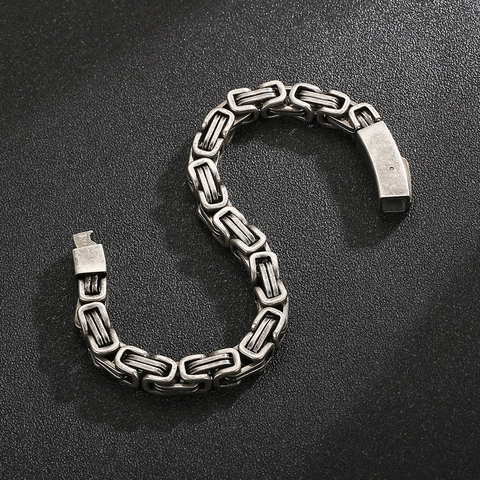 Men Byzantine Chain Bracelet 316L Stainless Steel Vintage Antique Silver Retro Punk Square Link Jewelry With Clasp