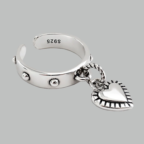 925 Sterlingsilber Herzanhänger Offener Ring Für Damen Vintage Distressed Niete Verstellbarer Fingerring Personalisiert Mode Schmuck Geschenk