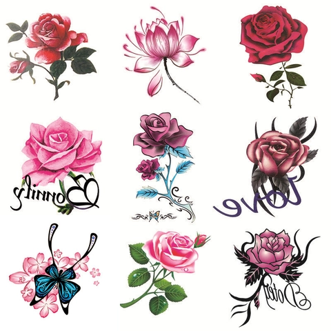 Waterproof Temporary Tattoo Stickers Colorful Black Rose Flower Butterfly Water Transfer Body Art For Women