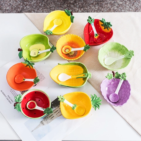 Ceramic Fruit Vegetable Shape Bowl And Spoon Creative 3D Watermelon Strawberry Pineapple Porcelain Kids Tableware