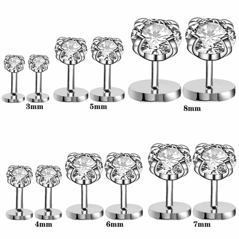 Stainless Steel Zircon Ear Studs Round Brilliant Cut Flat Back Labret Piercing Jewelry Simple Hip Hop Style