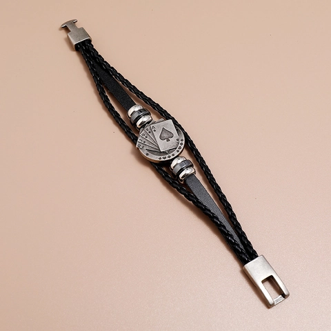Bracciale In Pelle Intrecciata Con Ciondolo Carta Da Poker In Lega Royal Flush Stile Punk Gioielli Da Uomo Gotico