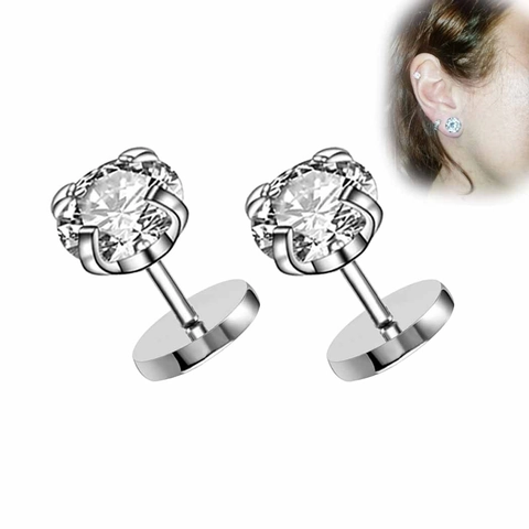 Stainless Steel Zircon Ear Studs Round Brilliant Cut Flat Back Labret Piercing Jewelry Simple Hip Hop Style