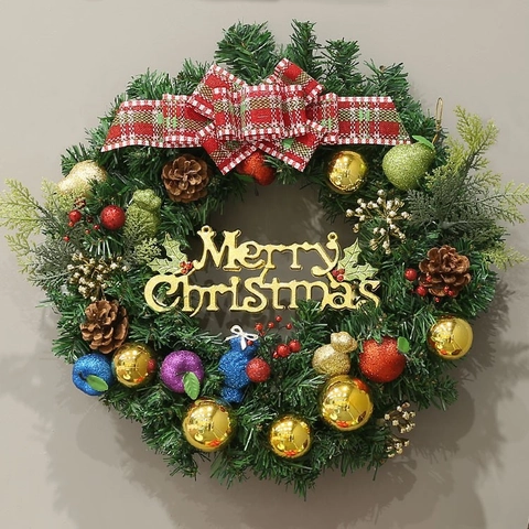 Artificial Christmas Wreath Green Pine Needles With Red Berries Pine Cones LED Lights For Front Door Wall Hanging Decor