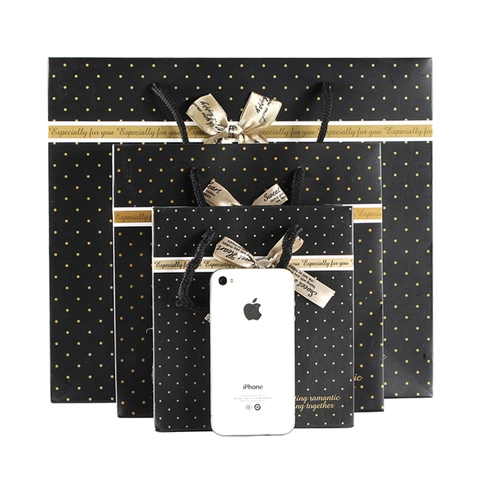 Black Gift Paper Bags With Gold Polka Dots Bow Ribbon Handle For Wedding Birthday Celebrations Elegant Handbag