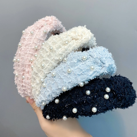 Women Sweet Knotted Headband Tweed Fabric Hairband With Artificial Pearl Solid Color Wide Border Korean Style Headwear