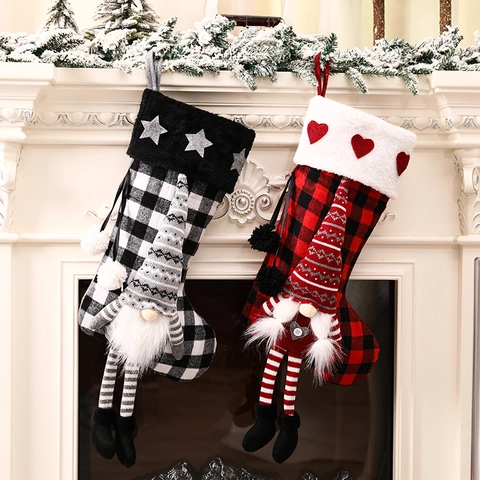 Calze di Natale Scozzesi Con Gnomo Bambola Grande Sacchetto Regalo di Peluche per Camino Appeso Albero di Natale Decor