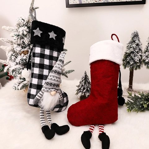 Christmas Stocking With 3D Plush Gnome Doll Buffalo Plaid Knit Fabric Fireplace Hanging Decoration Holiday Gift Bag Heart Star Decor