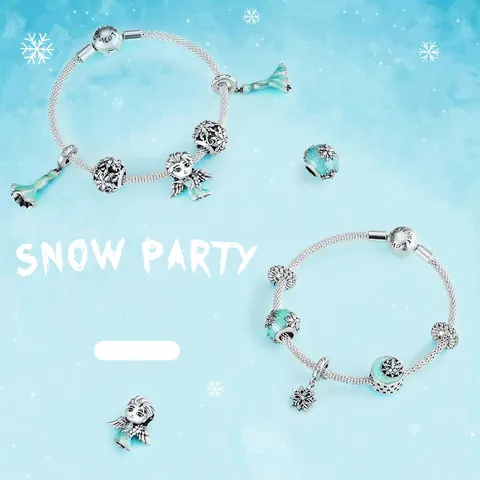 925 Sterling Silver Beads Winter Snowflake Ice Queen Charms With Blue Enamel Zirconia For DIY Bracelet Making Jewelry