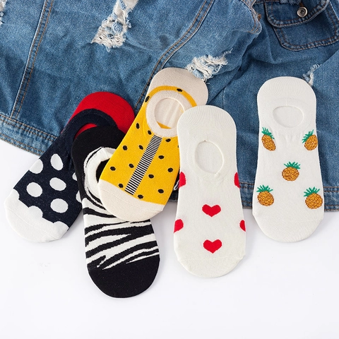 Chaussettes Invisibles Femme Coton Antidérapantes Respirantes Motifs Colorés Décontractées Douces