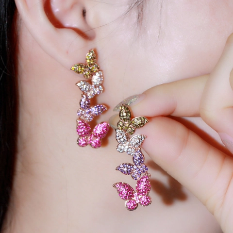 Copper Butterfly Drop Earrings With 925 Sterling Silver Earring Post Gradient Zirconia Inlaid Luxurious Jewelry For Women