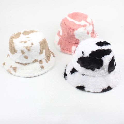 Cappello Alla Pescatora Maculato Mucca Pelliccia Sintetica Inverno Caldo Peluche Donna Streetwear Regolabile Morbido