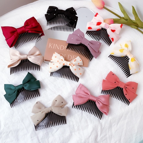 Bowknot Hair Comb Fabric Plastic Side Insert Comb Polka Dot Heart Print Sweet Hairpin Accessories For Girls Women