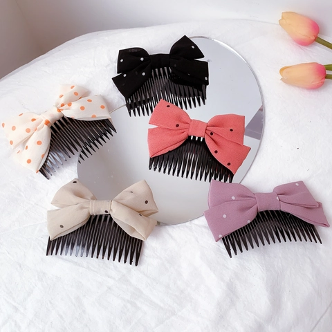 Bowknot Hair Comb Fabric Plastic Side Insert Comb Polka Dot Heart Print Sweet Hairpin Accessories For Girls Women