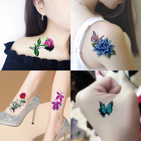Waterproof Temporary Tattoo Stickers Colorful Black Rose Flower Butterfly Water Transfer Body Art For Women