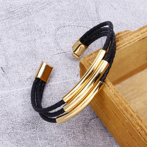 Herren Armband Mehrlagig Geflochten Echtleder Mit 316L Edelstahl Magnetverschluss Punk Stil
