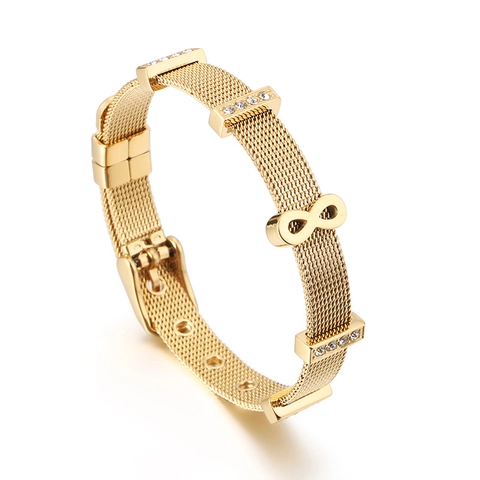 Infinity Symbol Mesh Band Bracelet Stainless Steel Gold Plated Adjustable Buckle Zirconia Elegant Fashion Women Wristband