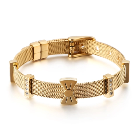 Fashion Bow Knot Mesh Bracelet For Women Stainless Steel Rhinestone Watch Band Style Adjustable Jewelry Charm