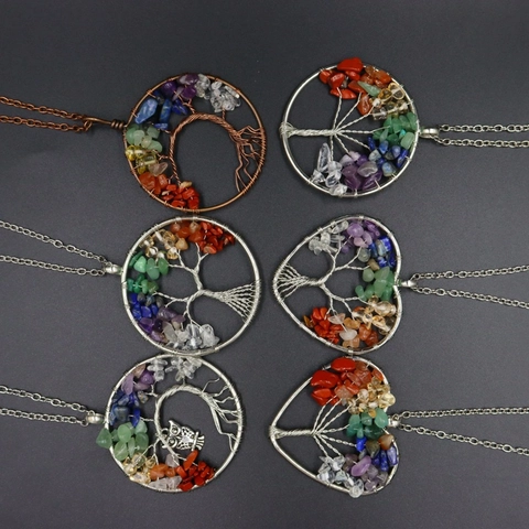Tree Of Life Pendant Necklace Natural Stone Crystal Handmade Copper Wire Wrapped Chakra Healing Reiki Jewelry Women