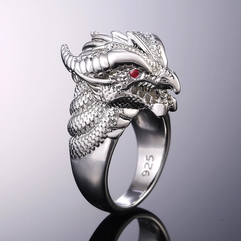 Dragon Head Ring Alloy With Red Eyes Punk Hip Hop Style Jewelry For Men And Women Silver Tone