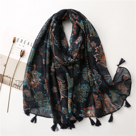 Navy Blue Floral Sequin Scarf With Tassels Lightweight Plain Weave Polyester Wrap Shawl For Women Retro Ethnic Style Scarf