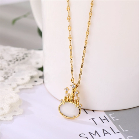 18K Gold Plated Titanium Steel Necklace Dreamy Castle Pendant Cat Eye Stone Rhinestone Fashion Jewelry For Women
