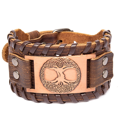 Herren Vintage Wikinger Lederarmband Gewebtes Breites Armband Mit Nordischer Lebensbaum Metallplatte Verstellbare Schnalle Punk