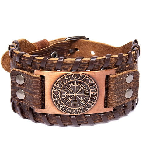 Wikinger Kompass Lederarmband Nordische Rune Vegvisir Manschette Legierung Metall Retro Punk Schmuck Für Herren