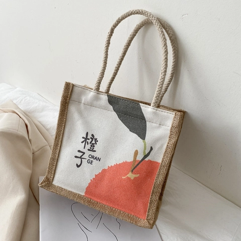 Women Handbag Canvas Jute Splicing Portable Lunch Bag Fruit Bread Pattern Japanese Style Student Shopping Tote