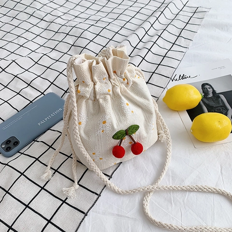Mini Sac Seau En Toile Avec Broderie Cerise Et Marguerite Cordon Sac Bandoulière Pour Femmes