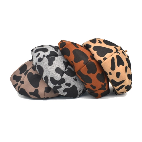 Cow Print Beret Hat For Women Vintage Woolen Felt Painter Hat Warm Winter Harajuku Style Octagonal Cap