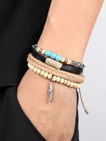 Bohemian Multi Layer Bracelet Leather Wood Beads Turquoise Alloy Feather Pendant Adjustable Vintage Ethnic Jewelry Men Women