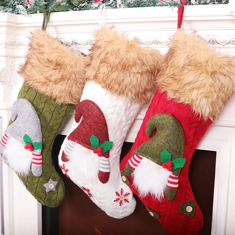Christmas Stockings Knitted Fabric Faux Fur 3D Faceless Gnome Tomte For Fireplace Hanging Decoration Rustic Style