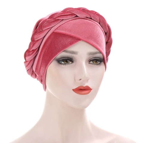 Women Polyester Velvet Turban Cap Twisted Braid Knitted Headwrap Soft Solid Color Muslim Hijab Fashion Beanie Hat Accessories