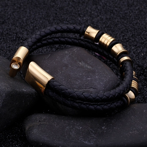 Herren Geflochtenes Lederarmband Mit Edelstahl Magnetverschluss Zweilagig Geometrischer Punk Stil Schmuck
