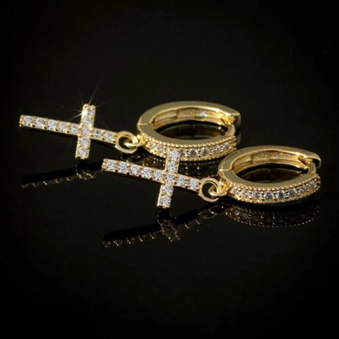Kreuz Anhänger Creolen Messing Zirkonia Pflaster Hip Hop Street Style Schmuck Für Damen