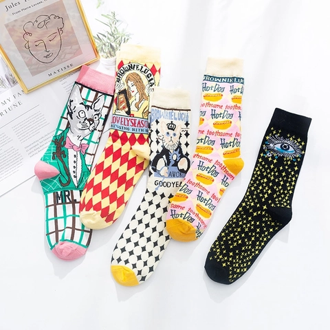 Damen Baumwolle Socken Retro Kunst Illustration Pop Art Porträt Katze Hot Dog Muster Atmungsaktiv Weich Mittelhoch Hosiery