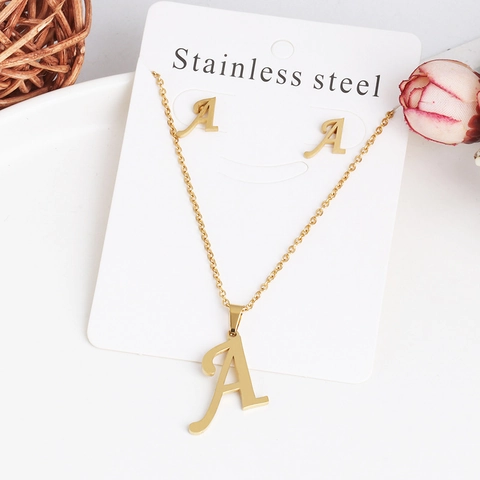 Collana Con Pendente Iniziale E Orecchini A Lobo Acciaio Inossidabile Placcato Oro Gioielli Alfabeto Donna Moda Minimalista