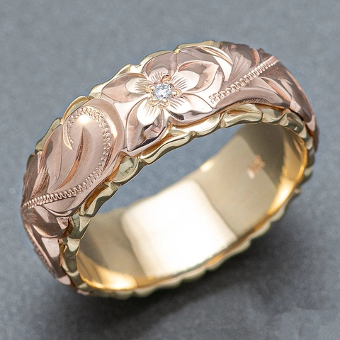 Dual-Tone Gegraveerde Roos Bloem Ring Koper Vrouwen Hawaiiaanse Stijl Brede Band Sieraden Met Zirkonia Cadeau