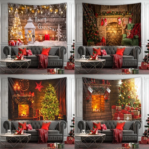 Christmas Wall Tapestry Polyester Background Cloth Holiday Home Decoration Fireplace Tree Pattern Festive Room Art Decor