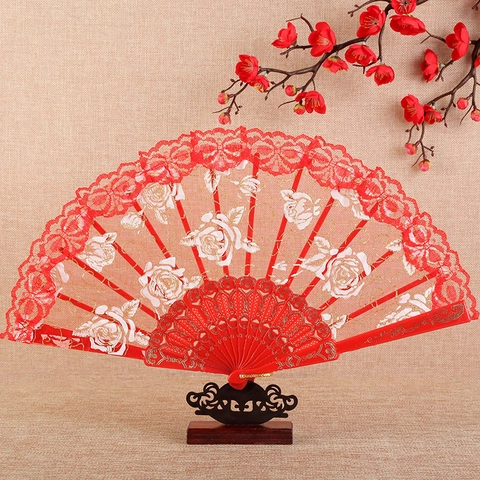 Ventaglio Pieghevole In Pizzo Rosa Elegante Per Danza Matrimonio Festa Stile Orientale Vintage Ventaglio In Plastica E Pizzo