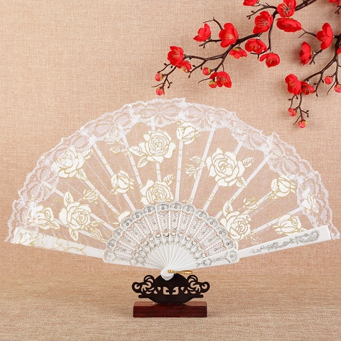 Women Folding Lace Hand Fan Vintage Floral Embroidered Hollow Carved Folding Fan For Wedding Party Dance Home Decor