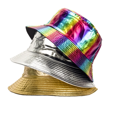 Mode Damen PU Leder Fischerhut Metallic Regenbogen Leopardenmuster Batik Retro Britisch Stil Laser Sonnenschutz Sonnenhut