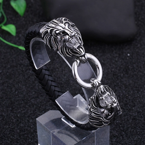 Bracciale Uomo Pelle Intrecciata Acciaio Inossidabile Testa Di Leone Teschio Punk Gotico Gioielli Hip Hop Accessorio