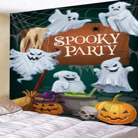 Halloween Tapestry Wall Hanging Polyester Backdrop Spooky Pumpkin Ghost Room Decor For Party Dorm