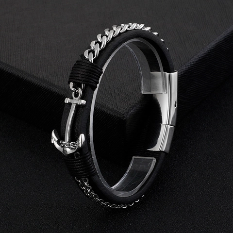 Bracciale In Pelle Intrecciata Da Uomo Con Ciondolo A Ancora In Acciaio Inossidabile E Catena Barbazzale Stile Punk