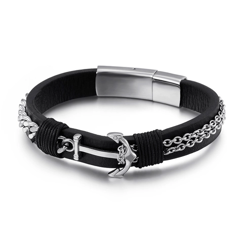 Bracciale In Pelle Intrecciata Da Uomo Con Ciondolo A Ancora In Acciaio Inossidabile E Catena Barbazzale Stile Punk