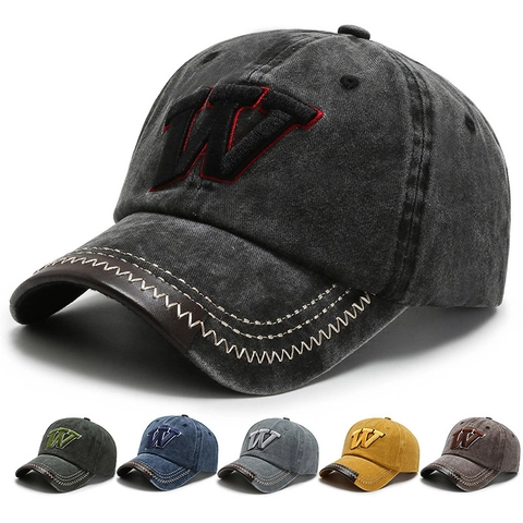 Gorra De Béisbol De Algodón Lavado Vintage Gorra Distressed Bordado Letra W Borde De Cuero Hebilla De Metal Ajustable