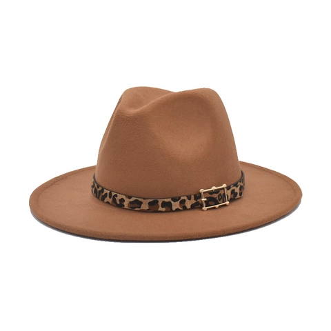 Vintage Wool Felt Fedora Hat Wide Brim With Leopard Print Belt Gold Buckle Winter Warm Jazz Cap For Women Men